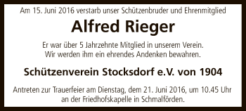 Traueranzeige von Alfred Rieger von SYK