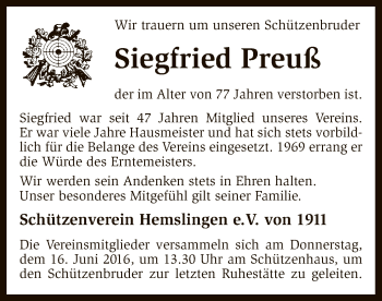 Traueranzeige von Siegfried Preuß von SYK