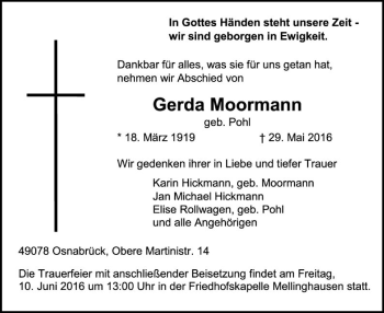 Traueranzeige von Gerda Moormann von SYK