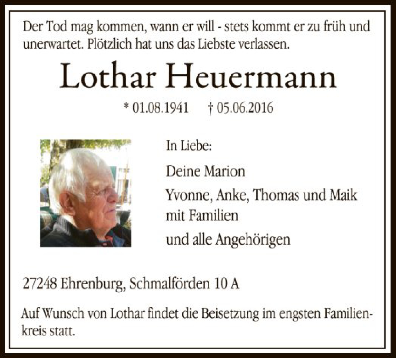  Traueranzeige für Lothar Heuermann vom 11.06.2016 aus SYK