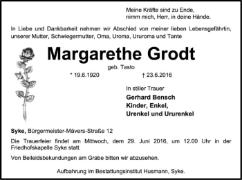 Traueranzeige von Margarethe Grodt