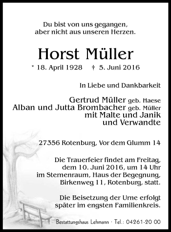 Traueranzeige von Horst Müller von SYK