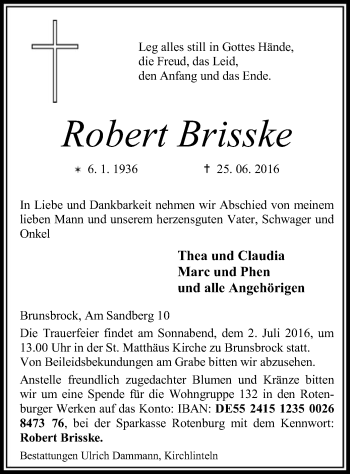 Traueranzeige von Robert Brisske von SYK