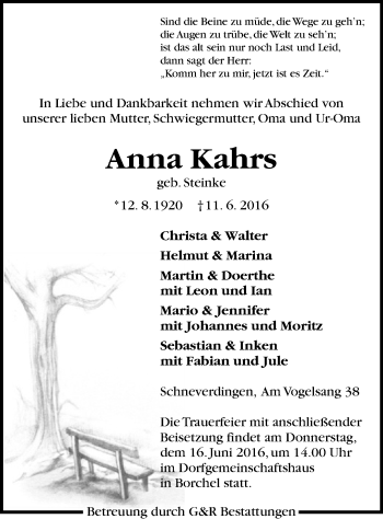 Traueranzeige von Anna Kahrs von SYK