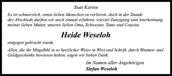 Traueranzeige von Heide Weseloh von SYK