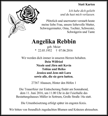 Traueranzeige von Angelika Rebbin von SYK