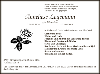 Traueranzeige von Anneliese Logemann von SYK