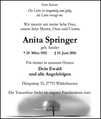 Traueranzeige von Anita Springer von SYK