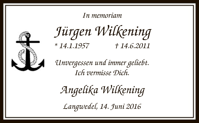 Traueranzeige für Jürgen Wilkening vom 14.06.2016 aus SYK