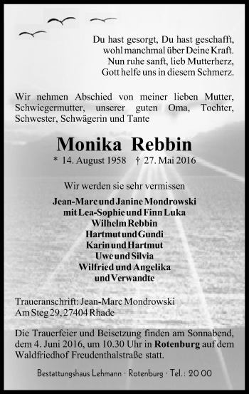 Traueranzeige von Monika Rebbin von SYK