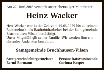 Traueranzeige von Heinz Wacker von SYK