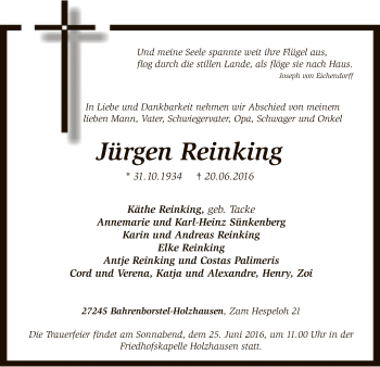 Traueranzeige von Jürgen Reinking von SYK