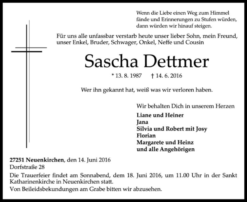  Traueranzeige für Sascha Dettmer vom 16.06.2016 aus SYK