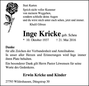 Traueranzeige von Inge Kricke von SYK