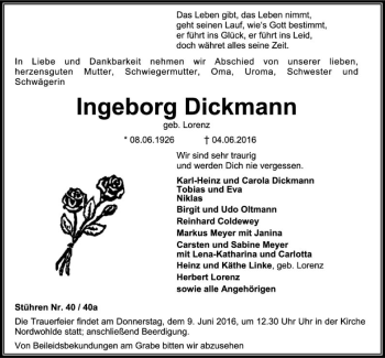 Traueranzeige von Ingeborg Dickmann von SYK