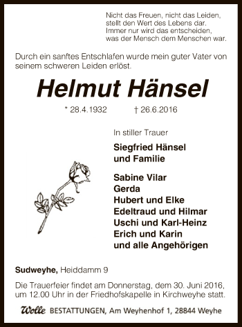 Traueranzeige von Helmut Hänsel von SYK