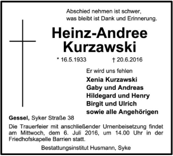 Traueranzeige von Heinz-Andree Kurzawski von SYK