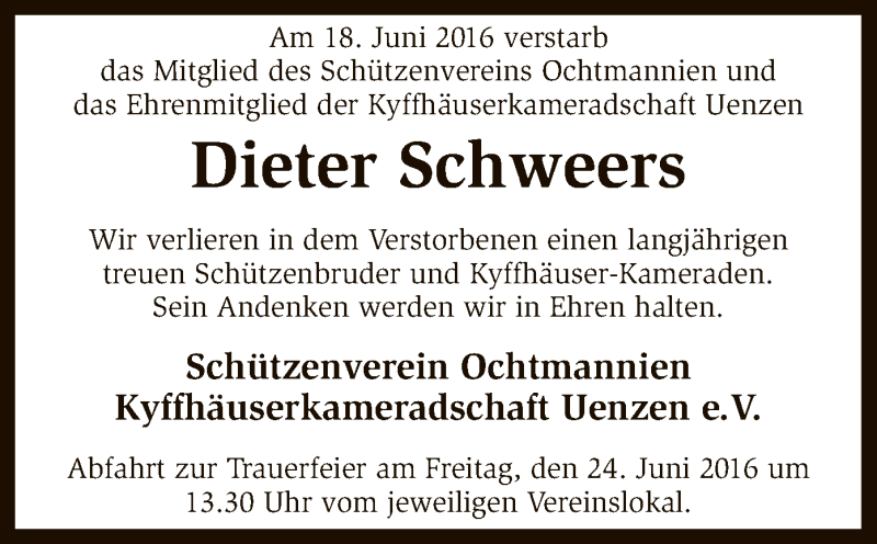  Traueranzeige für Dieter Schweers vom 22.06.2016 aus SYK