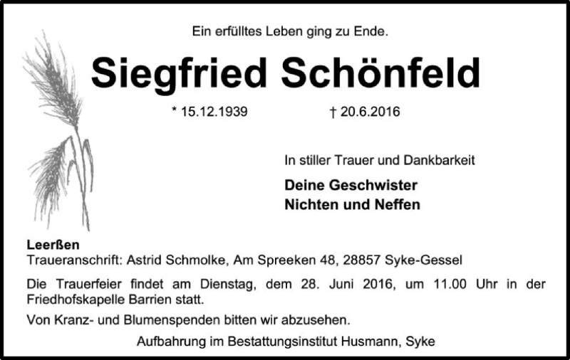  Traueranzeige für Siegfried Schönfeld vom 23.06.2016 aus SYK