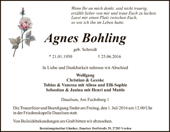 Traueranzeige von Agnes Bohling von SYK