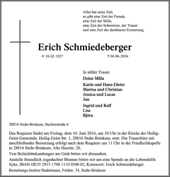 Traueranzeige von Erich Schmiedeberger von SYK