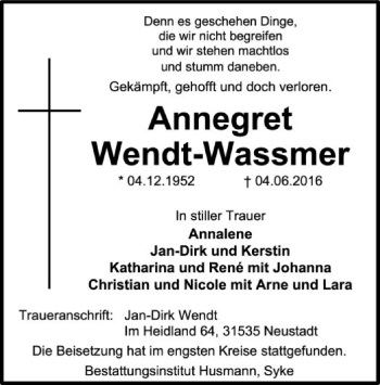 Traueranzeige von Annegret Wendt-Wassmer