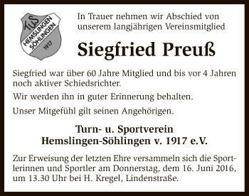 Traueranzeige von Siegfried Preuß von SYK