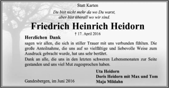 Traueranzeige von Friedrich Heinrich Heidorn von SYK