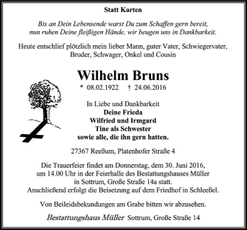 Traueranzeige von Wilhelm Bruns von SYK