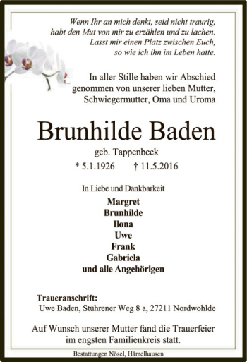 Traueranzeige von Brunhilde Baden von SYK