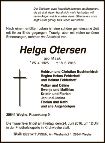 Traueranzeige von Helga Otersen von SYK