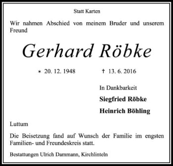 Traueranzeige von Gerhard Röbke von SYK