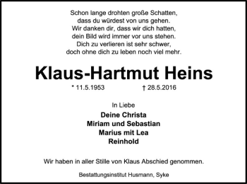 Traueranzeige von Klaus-Hartmut Heins