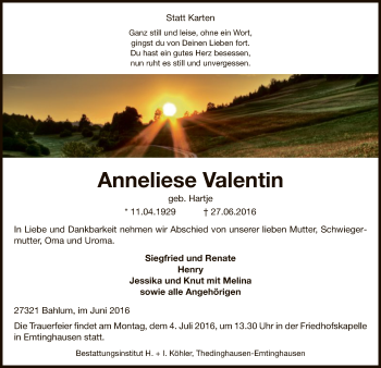 Traueranzeige von Anneliese Valentin von SYK