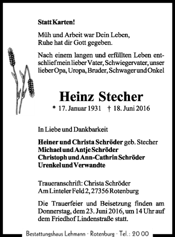 Traueranzeige von Heinz Stecher von SYK