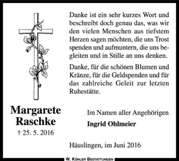 Traueranzeige von Margarete Raschke von SYK