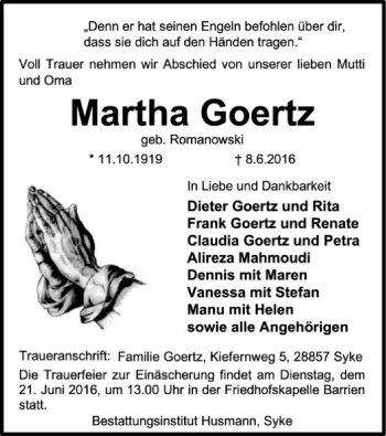 Traueranzeige von Martha Goertz