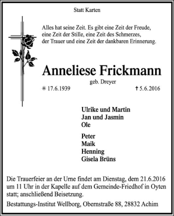 Traueranzeige von Anneliese Frickmann von SYK