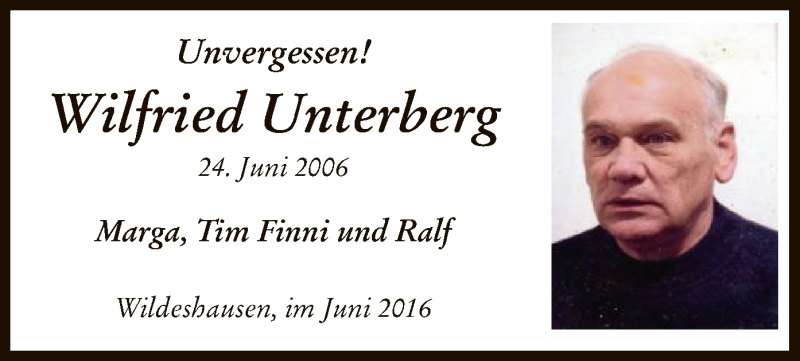  Traueranzeige für Wilfried Unterberg vom 24.06.2016 aus SYK