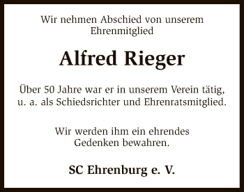 Traueranzeige von Alfred Rieger von SYK