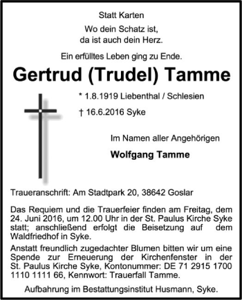 Traueranzeige von Gertrud  Tamme