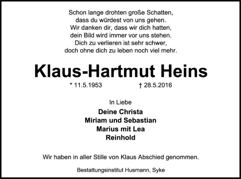  Traueranzeige für Klaus-Hartmut Heins vom 18.06.2016 aus SYK