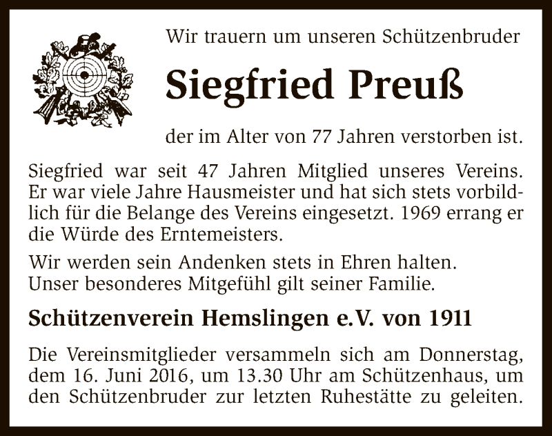  Traueranzeige für Siegfried Preuß vom 14.06.2016 aus SYK