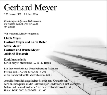 Traueranzeige von Gerhard Meyer von SYK