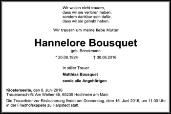 Traueranzeige von Hannelore Bousquet von SYK