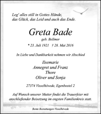 Traueranzeige von Greta Bade von SYK