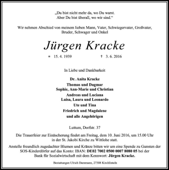 Traueranzeige von Jürgen Kracke von SYK