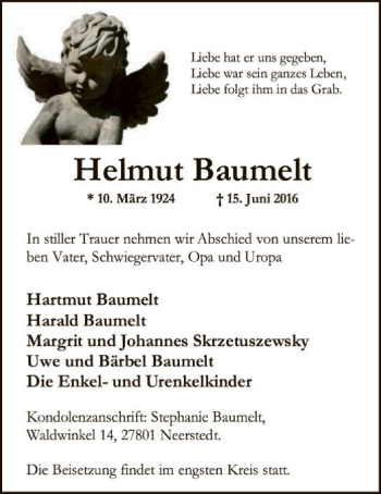 Traueranzeige von Helmut Baumelt von SYK