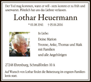 Traueranzeige von Lothar Heuermann von SYK