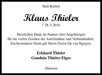 Traueranzeige von Klaus Thieler von SYK